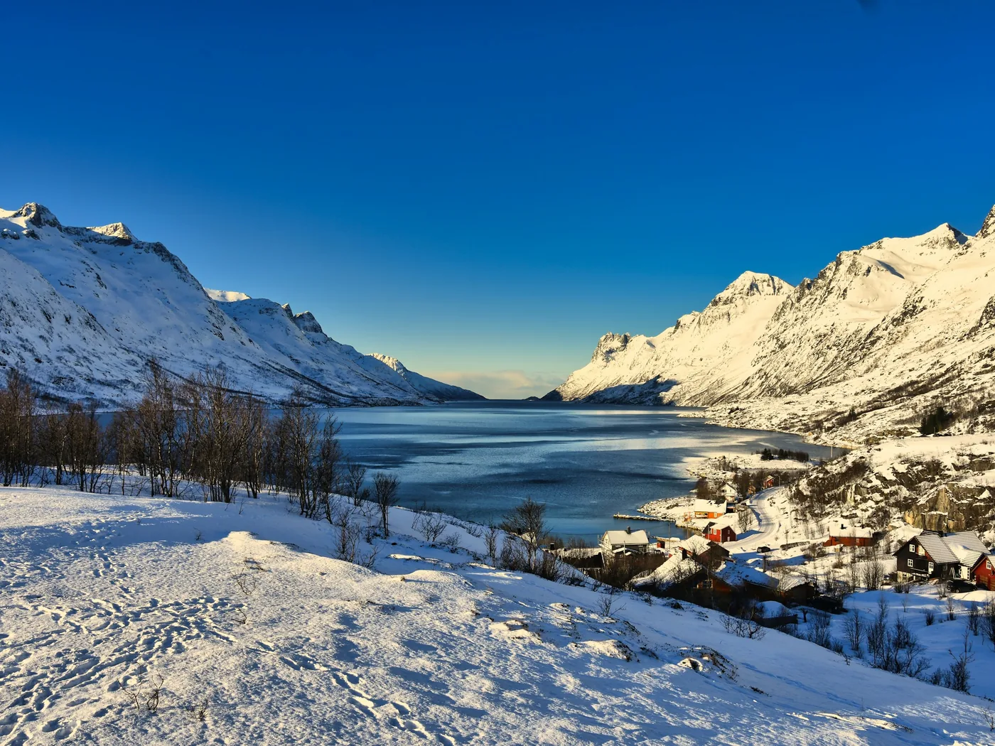 Snow-covered mountains around a fjord near Tromsø under a dark sky